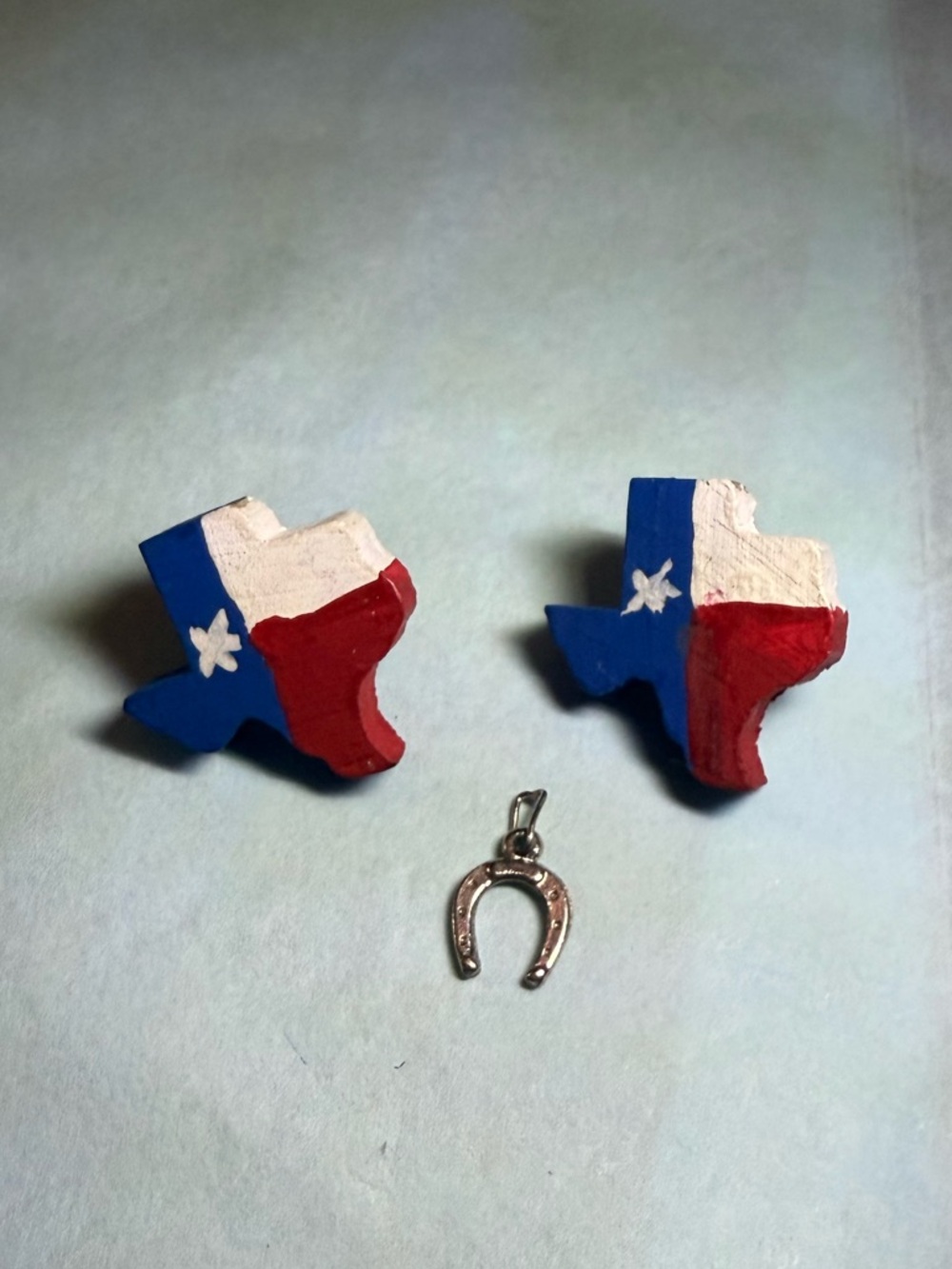Texas Flag hand painted Wood Stud Earrings - Red White Blue and horseshoe charm